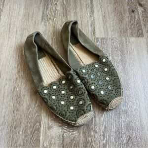 Tory Burch Yasmin suede embellished espadrille flats in olive green